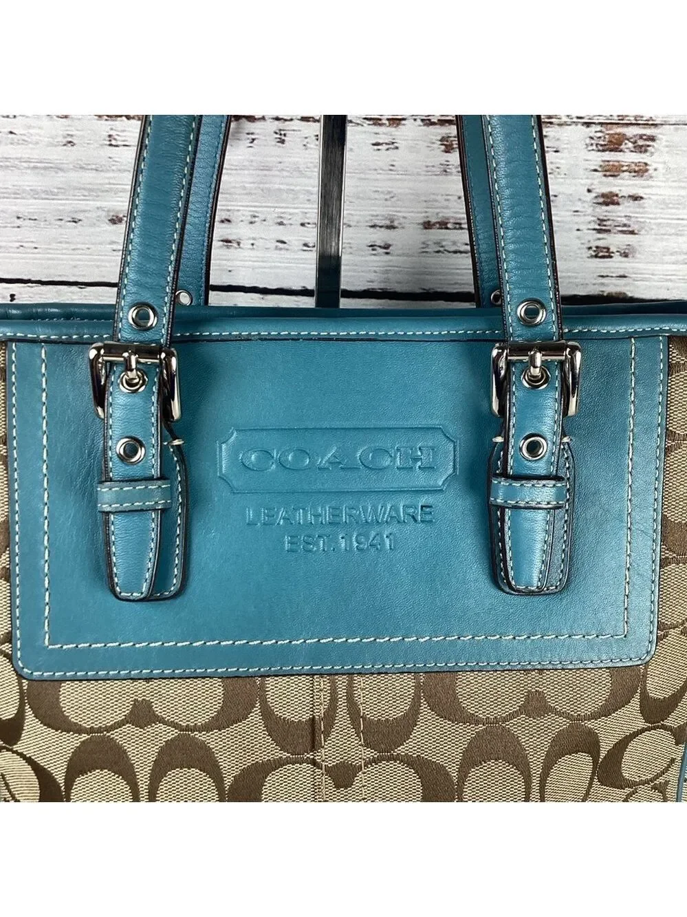 Coach Y2K Signature Gallery Shoulder Bag Teal Blue Tan Brown‎ Tote Leather Lapto